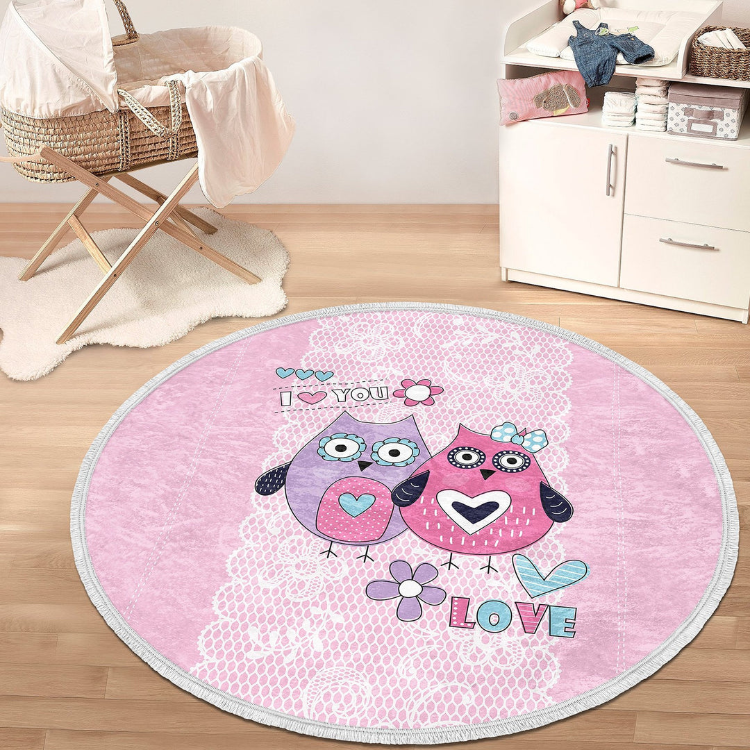 Cute Owl Round Rug|Fringed Owl Print Kid Carpet|Non-Slip Circle Rug|Colorful Area Carpet|Kids Home Decor|Animal Anti-Slip Mat|Floor Covering