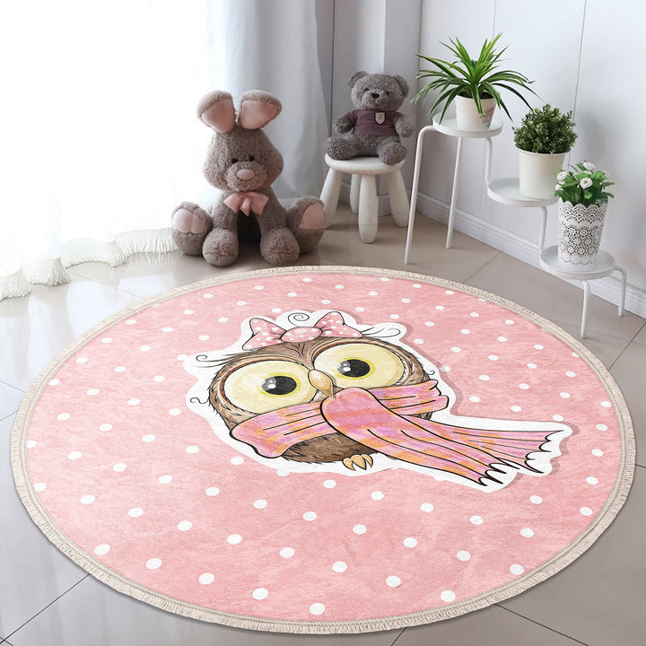 Cute Owl Circle Rug|Fringed Owl Print Kid Carpet|Non-Slip Round Rug|Pastel Color Carpet|Kids Home Decor|Animal Anti-Slip Mat|Floor Covering