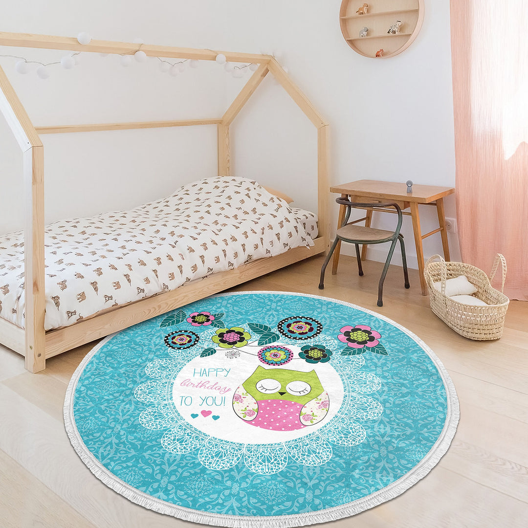 Cute Owl Circle Rug|Fringed Owl Print Kid Carpet|Non-Slip Round Rug|Pastel Color Carpet|Kids Home Decor|Animal Anti-Slip Mat|Floor Covering