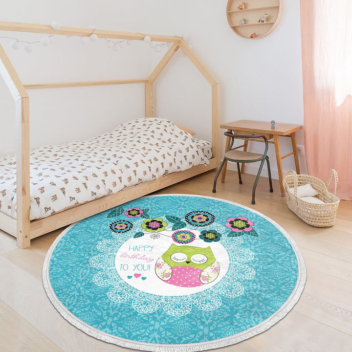 Cute Owl Circle Rug|Fringed Owl Print Kid Carpet|Non-Slip Round Rug|Pastel Color Carpet|Kids Home Decor|Animal Anti-Slip Mat|Floor Covering