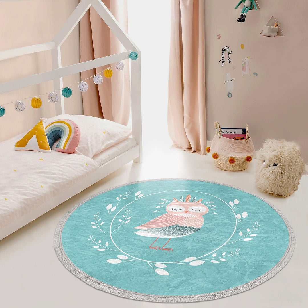 Cute Owl Circle Rug|Fringed Owl Print Kid Carpet|Non-Slip Round Rug|Pastel Color Carpet|Kids Home Decor|Animal Anti-Slip Mat|Floor Covering