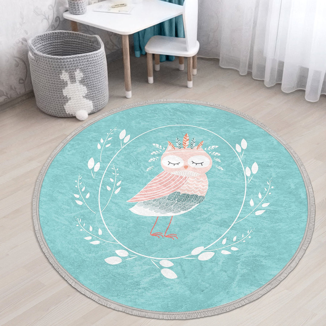 Cute Owl Circle Rug|Fringed Owl Print Kid Carpet|Non-Slip Round Rug|Pastel Color Carpet|Kids Home Decor|Animal Anti-Slip Mat|Floor Covering