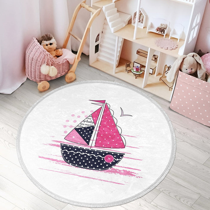 Nautical Kids Rug|Non-Slip Round Carpet|Fringed Kid Room Circle Carpet|Ship Print Rug|Coastal Home Decor|Whale Print Print Anti-Slip Mat