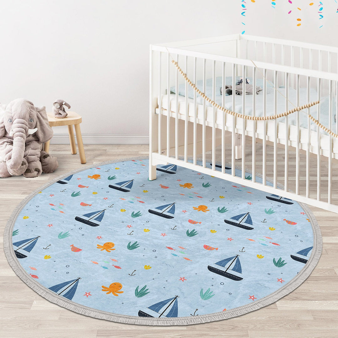 Nautical Kids Rug|Non-Slip Round Carpet|Fringed Kid Room Circle Carpet|Ship Print Rug|Coastal Home Decor|Whale Print Print Anti-Slip Mat