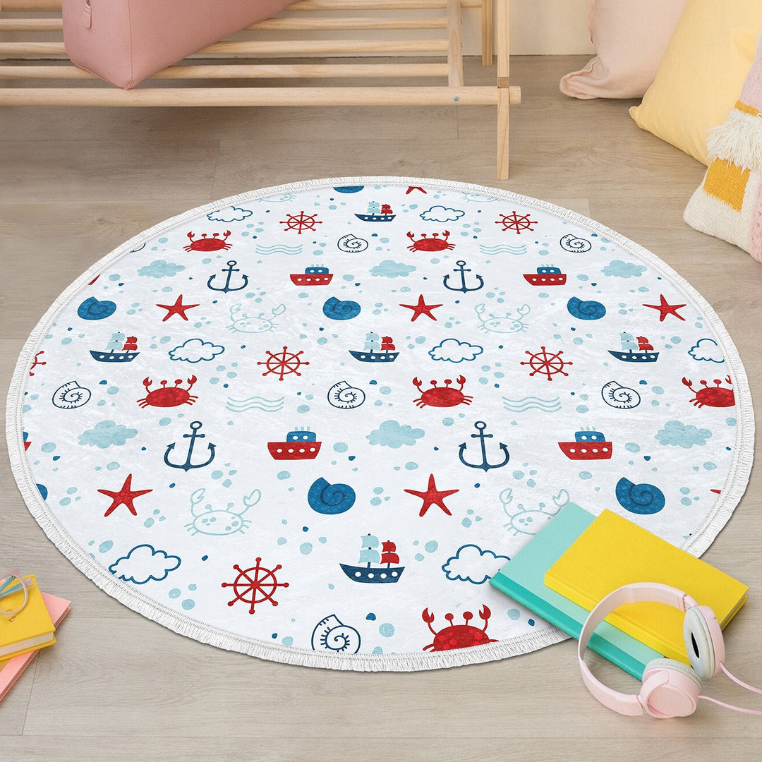 Nautical Kids Rug|Non-Slip Round Carpet|Fringed Kid Room Circle Carpet|Ship Print Rug|Coastal Home Decor|Whale Print Print Anti-Slip Mat