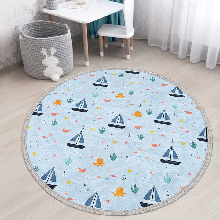 Nautical Kids Rug|Non-Slip Round Carpet|Fringed Kid Room Circle Carpet|Ship Print Rug|Coastal Home Decor|Whale Print Print Anti-Slip Mat