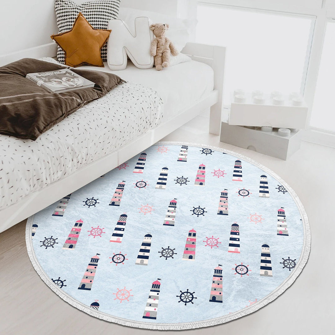 Nautical Round Rug|Anchor Kid Carpet|Kids Circle Carpet|Fringed Kids Room Carpet|Captain Area Rug|Lighthouse and Wheel Print Anti-Slip Mat