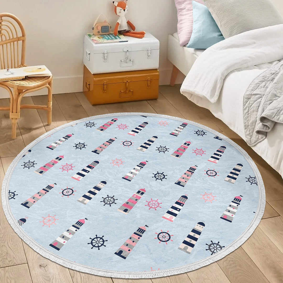 Nautical Round Rug|Anchor Kid Carpet|Kids Circle Carpet|Fringed Kids Room Carpet|Captain Area Rug|Lighthouse and Wheel Print Anti-Slip Mat