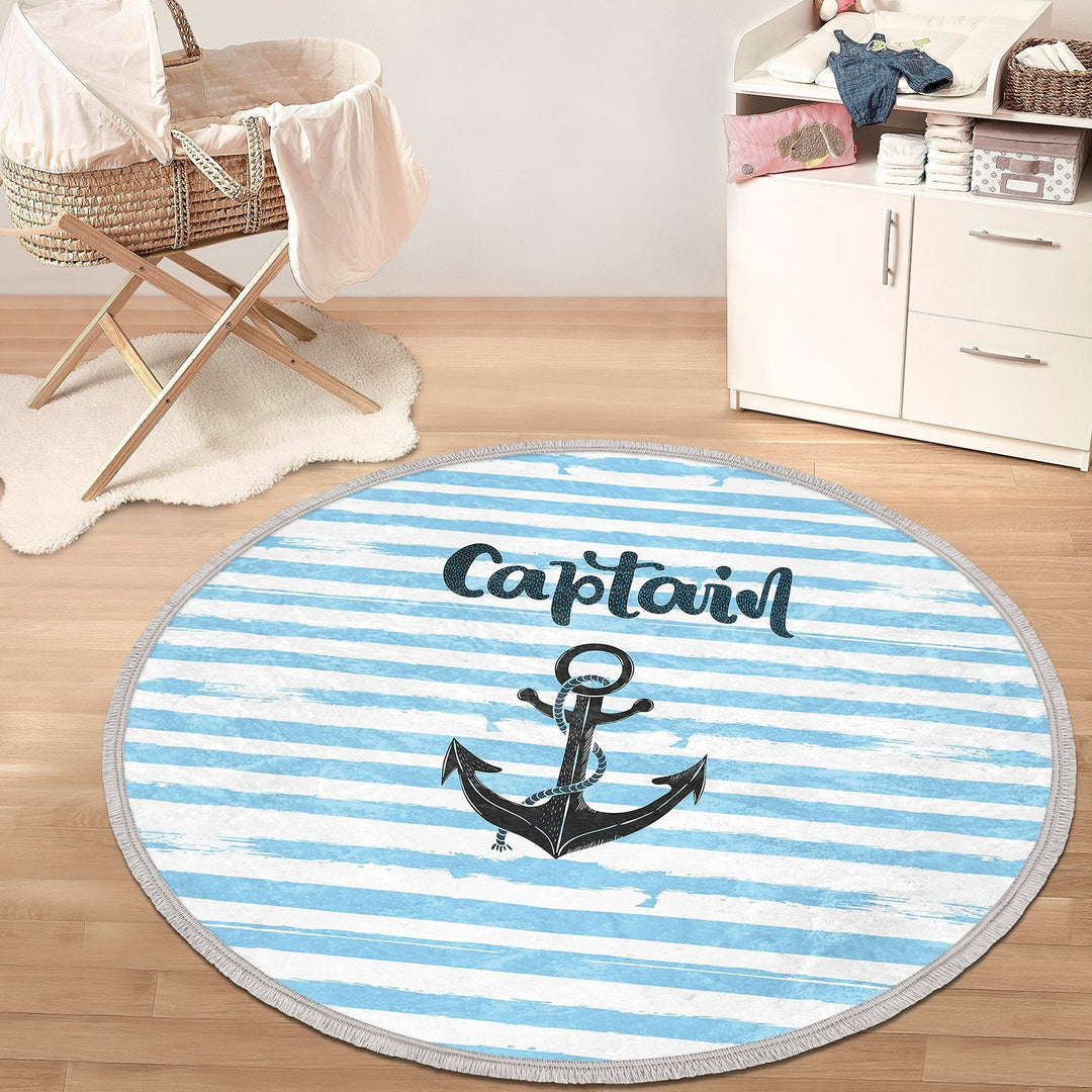 Nautical Round Rug|Anchor Kid Carpet|Kids Circle Carpet|Fringed Kids Room Carpet|Captain Area Rug|Lighthouse and Wheel Print Anti-Slip Mat