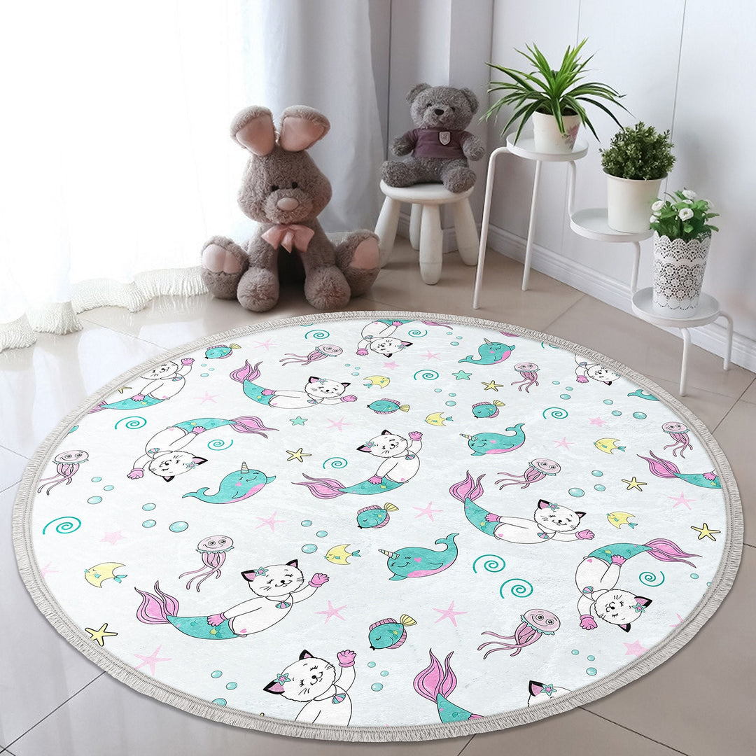 Mermaid Round Rug|Non-Slip Round Carpet|Fringed Kid Room Circle Carpet|Colorful Area Rug|Cat Mermaid Rug|Fish Print Anti-Slip Girls Carpet