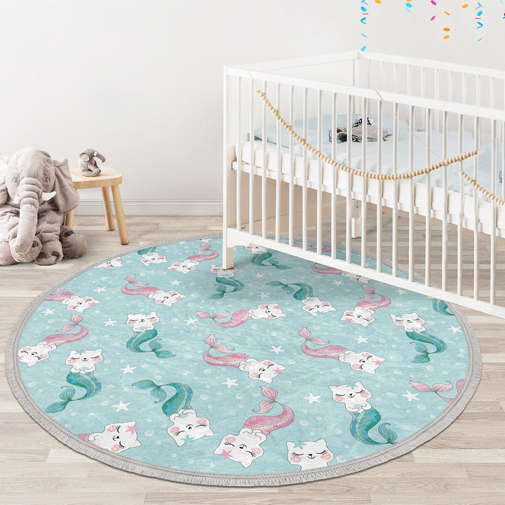 Mermaid Round Rug|Non-Slip Round Carpet|Fringed Kid Room Circle Carpet|Colorful Area Rug|Cat Mermaid Rug|Fish Print Anti-Slip Girls Carpet