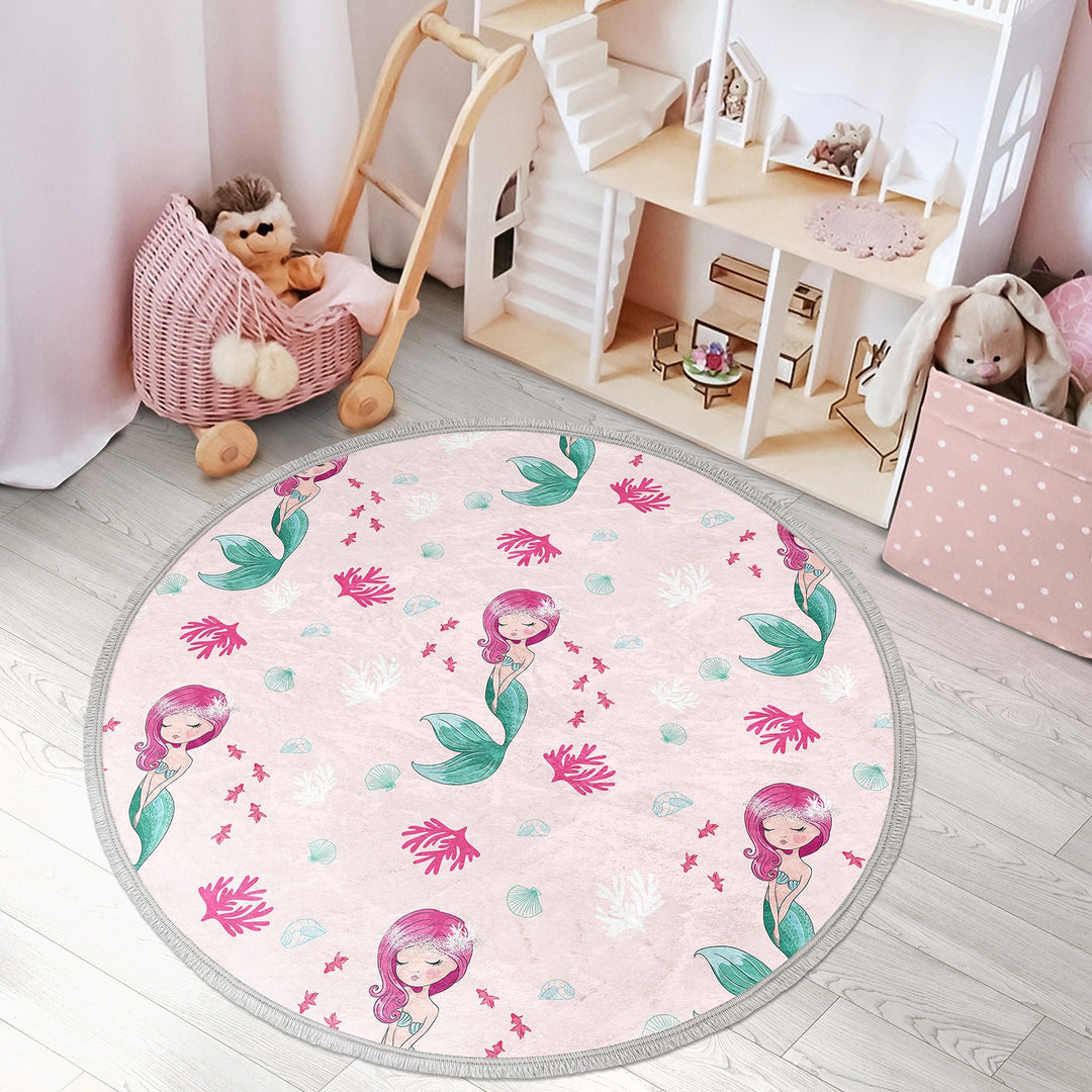 Mermaid Round Rug|Non-Slip Round Carpet|Fringed Kid Room Circle Carpet|Colorful Area Rug|Cat Mermaid Rug|Fish Print Anti-Slip Girls Carpet