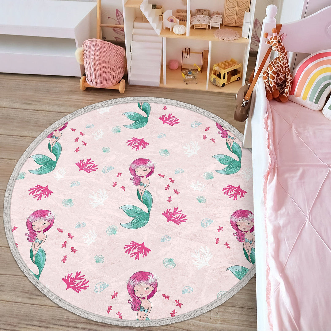 Mermaid Round Rug|Non-Slip Round Carpet|Fringed Kid Room Circle Carpet|Colorful Area Rug|Cat Mermaid Rug|Fish Print Anti-Slip Girls Carpet