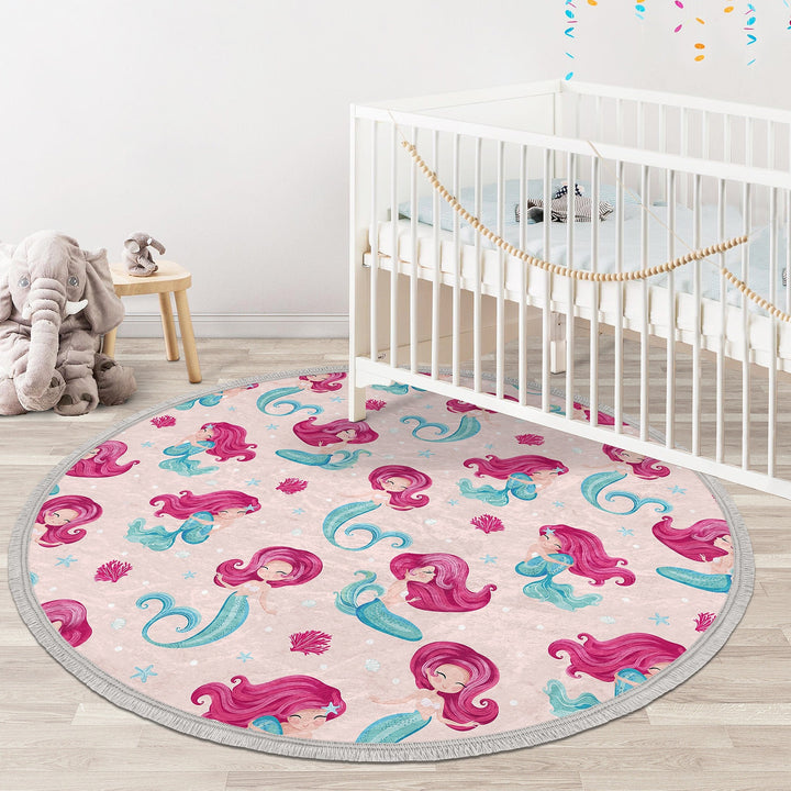 Mermaid Round Rug|Non-Slip Round Carpet|Fringed Kid Room Circle Carpet|Colorful Area Rug|Cat Mermaid Rug|Fish Print Anti-Slip Girls Carpet