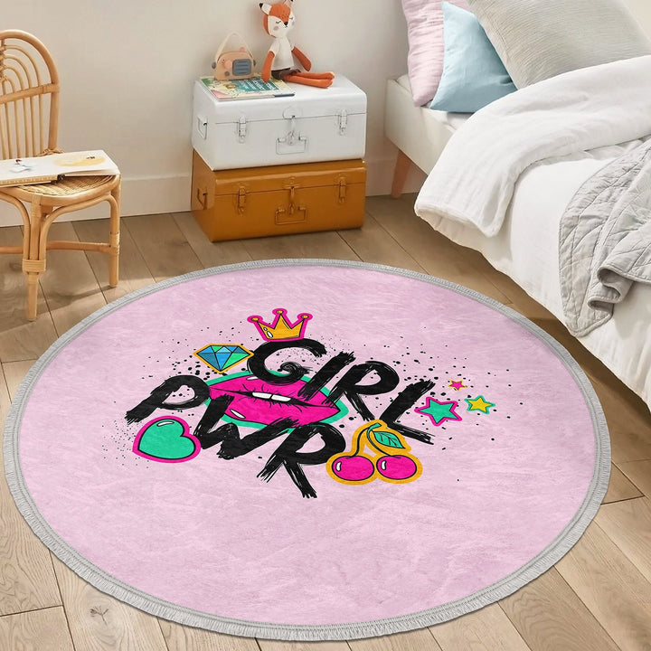 Princess Round Rug|Crown Print Anti-Slip Girls Carpet|Non-Slip Round Carpet|Fringed Kid Room Circle Carpet|Colorful Area Rug|Girls Room Rug