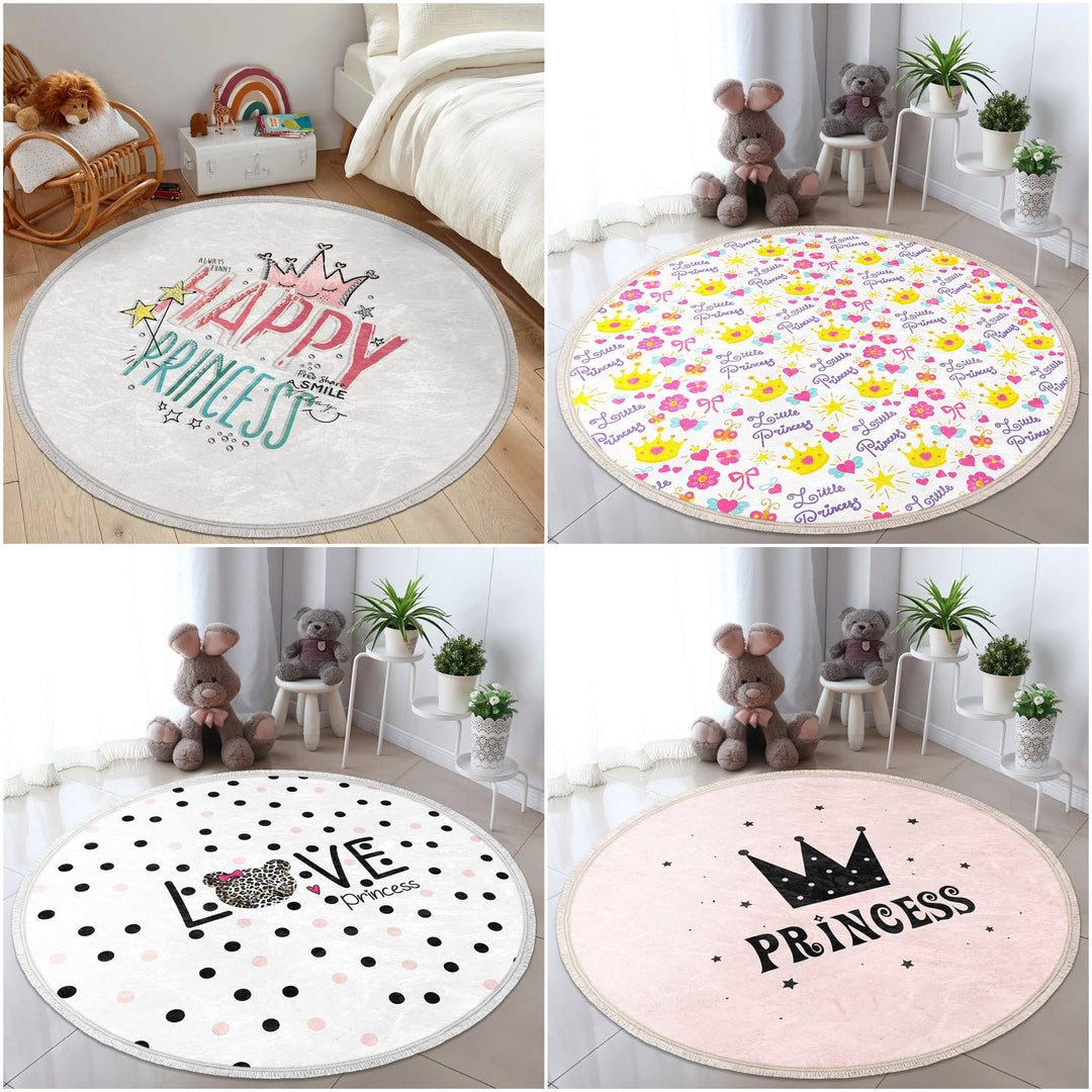 Princess Round Rug|Fringed Crown Print Kid Carpet|Non-Slip Circle Rug|Colorful Area Carpet|Kids Home Decor|Girls Anti-Slip Floor Covering