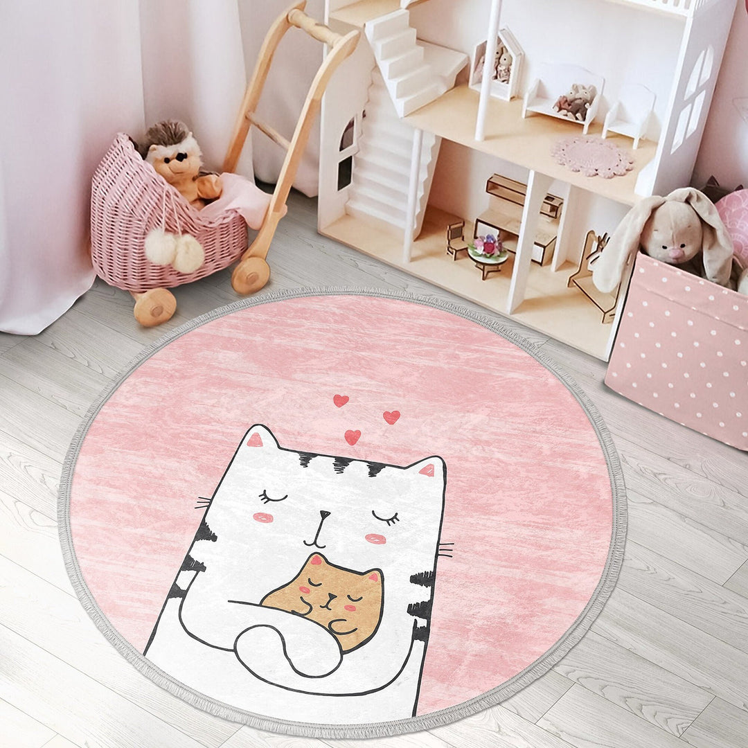 Cute Cat Round Rug|Fringed Cat Print Kid Carpet|Non-Slip Circle Rug|Colorful Area Carpet|Kids Home Decor|Cat Anti-Slip Mat|Floor Covering