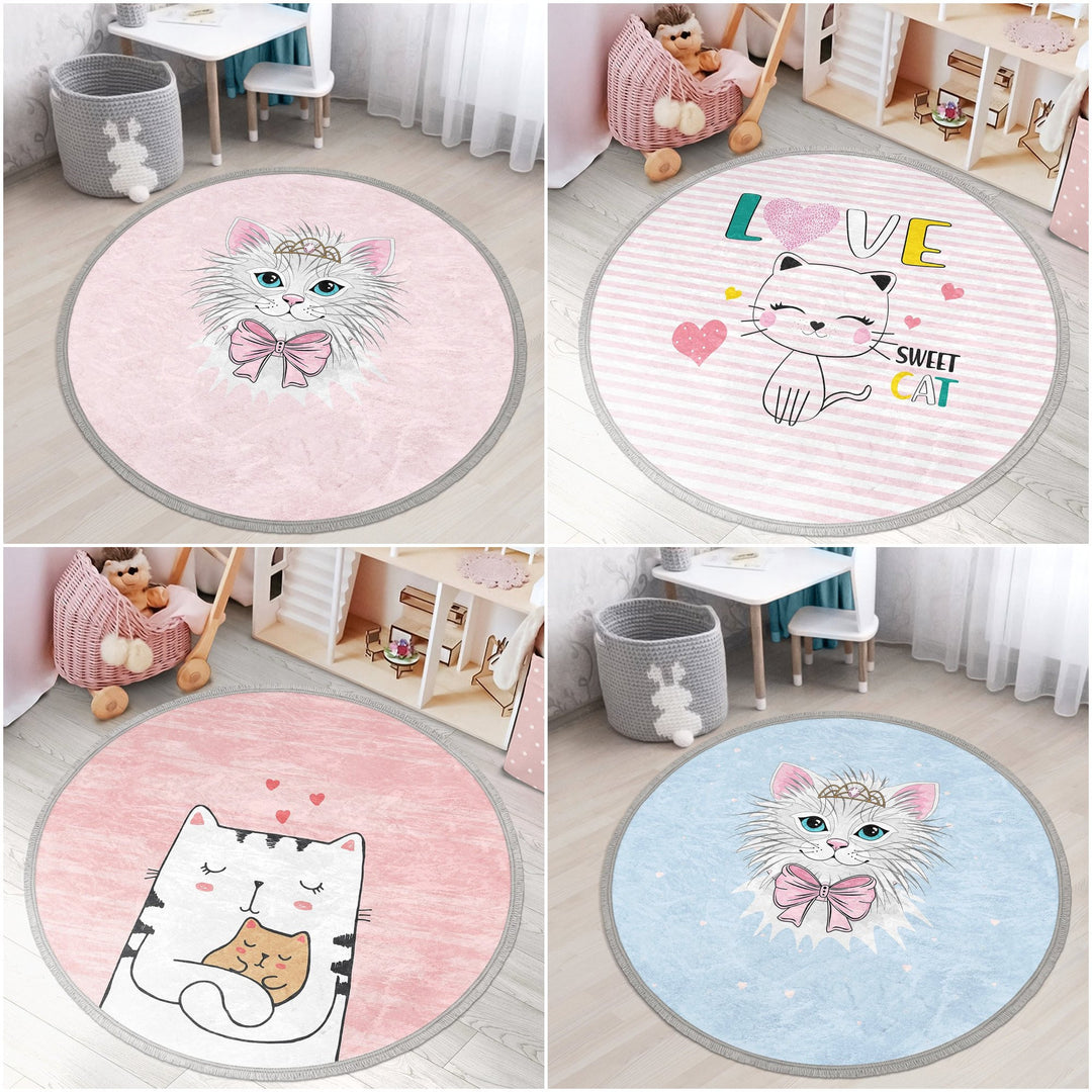 Cute Cat Round Rug|Fringed Cat Print Kid Carpet|Non-Slip Circle Rug|Colorful Area Carpet|Kids Home Decor|Cat Anti-Slip Mat|Floor Covering