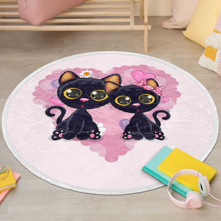 Cute Cats Circle Rug|Fringed Black Kitten Print Kid Carpet|Non-Slip Round Rug|Colorful Area Rug|Kids Home Decor|Animal Anti-Slip Floor Mat