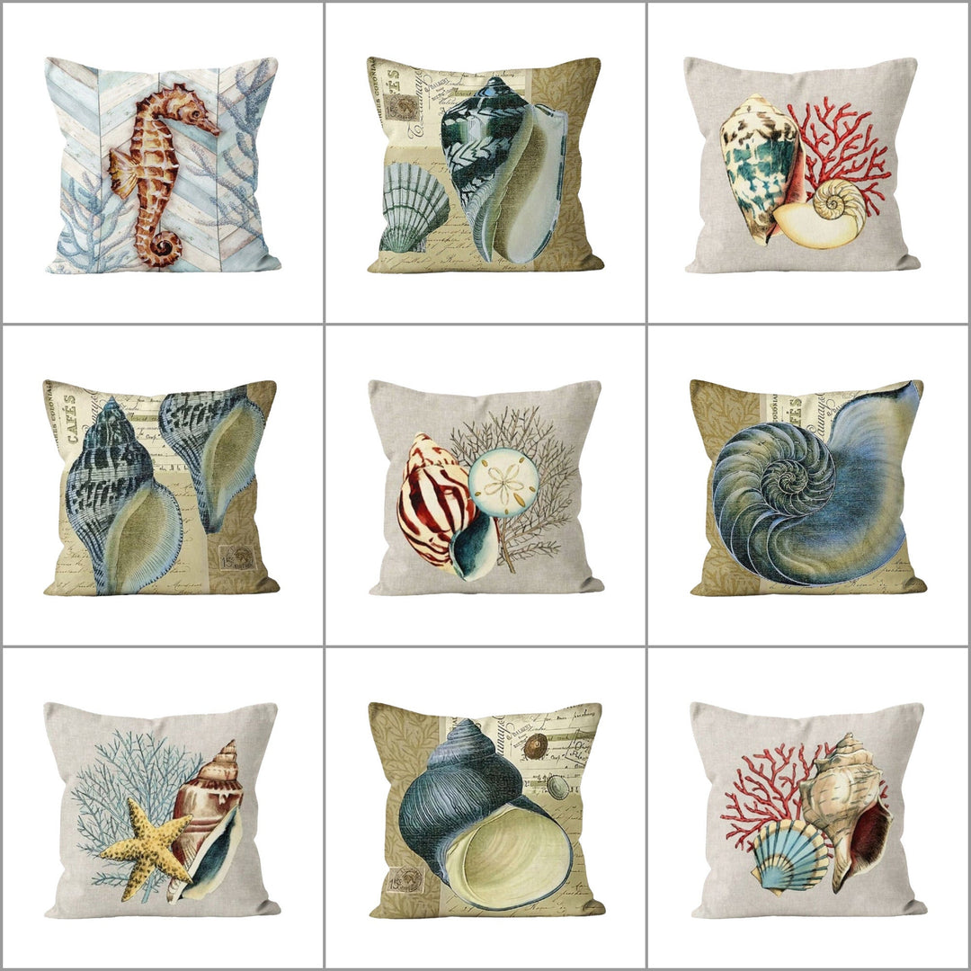 Seashell Pillow Case|Coral Cushion Cover|Nautical Pillowcase|Marine Beach House Decor|Seahorse and Coral Print Coastal Throw Pillow Cover