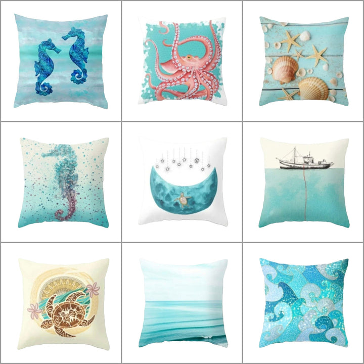 Marine Pillow Case|Turquoise Beach House Decor|Seahorse Cushion Cover|Octopus Pillowcase|Coastal Throw Pillow Cover|Oceanic Home Decor