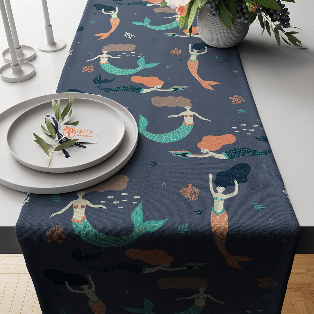 Nautical Table Runner|Mermaid Tablecloth|Coastal Tabletop|Whale Seagull Home Decor|Beach House Kitchen Decor Gift|Diver Print Table Runner