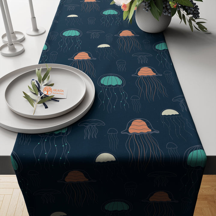 Nautical Table Runner|Oyster Jellyfish Tablecloth|Coastal Tabletop|Coral Home Decor|Beach House Kitchen Decor Gift|Fish Print Table Runner