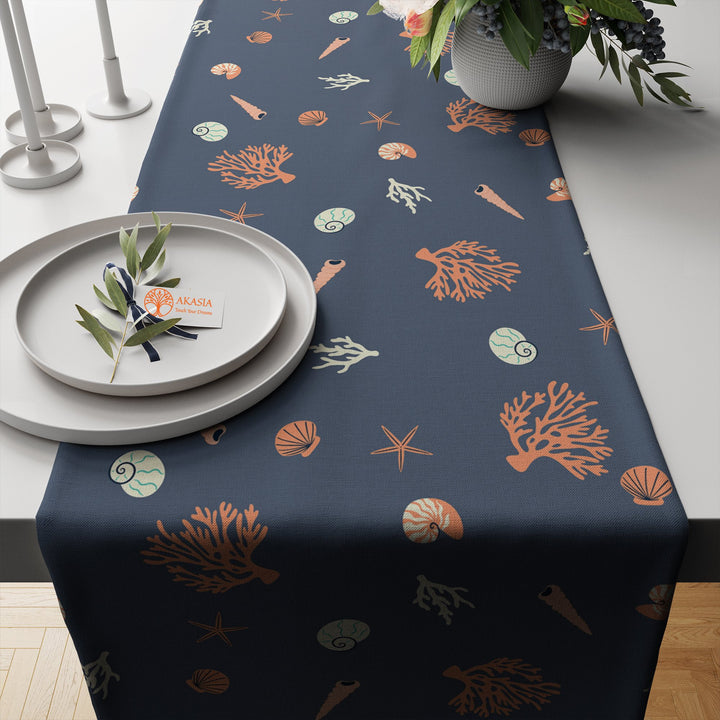 Nautical Table Runner|Oyster Jellyfish Tablecloth|Coastal Tabletop|Coral Home Decor|Beach House Kitchen Decor Gift|Fish Print Table Runner