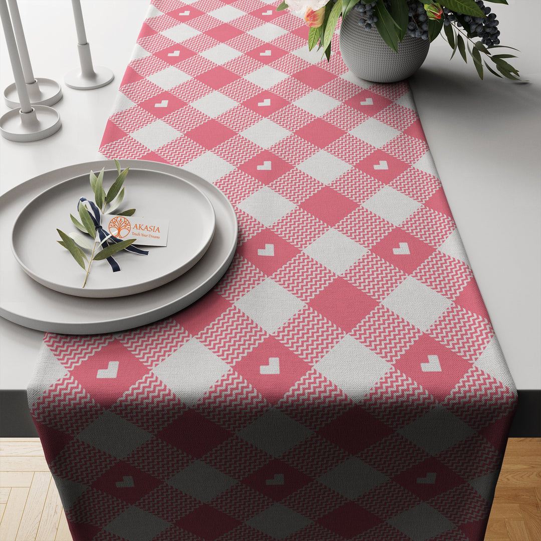 Plaid Table Runner|Geometric Tablecloth|Decorative Tabletop|Check Home Decor|Abstract Kitchen Decor Gift|Heart Print Table Centerpiece