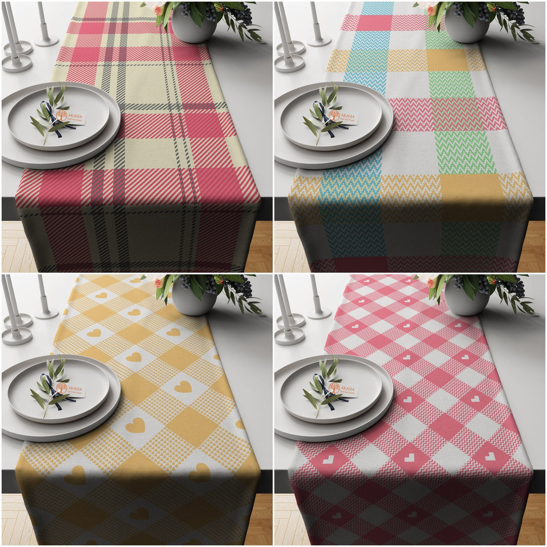 Plaid Table Runner|Geometric Tablecloth|Decorative Tabletop|Check Home Decor|Abstract Kitchen Decor Gift|Heart Print Table Centerpiece