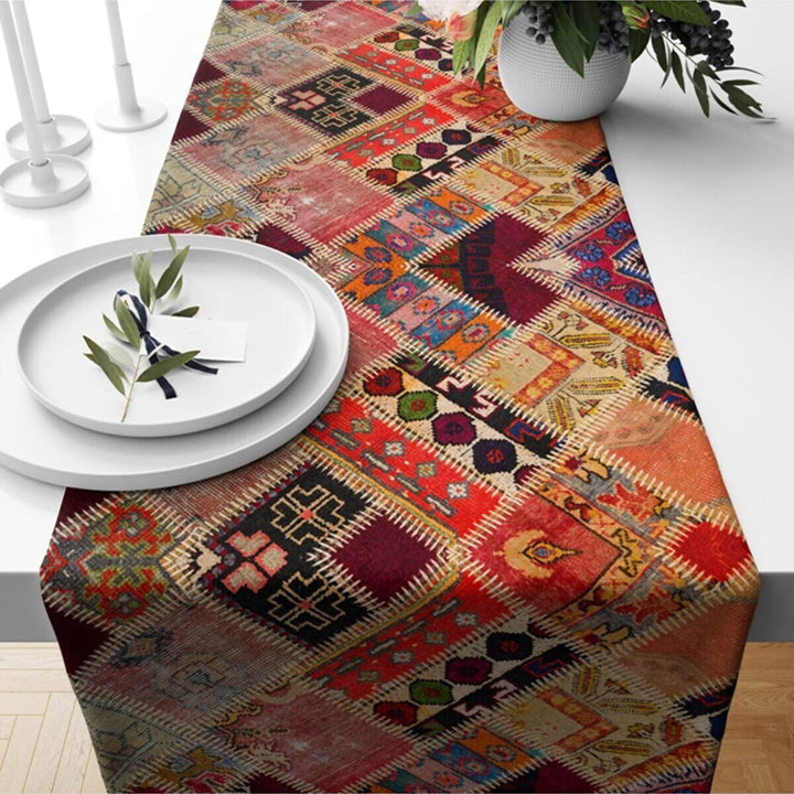 Rug Design Table Runner|Terracotta Southwestern Table Top|Kilim Home Decor|Authentic Rug Tabletop|Farmhouse Style Geometric Tablecloth