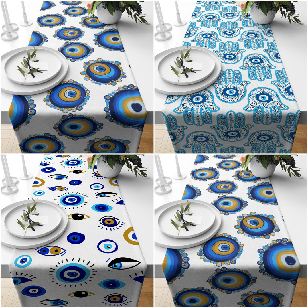 Evil Eye Table Runner|Hamsa Tablecloth|Turkish Greek Evil Eye Tabletop|Nazar Home Decor|Good Luck Kitchen Decor|Housewarming Table Runner