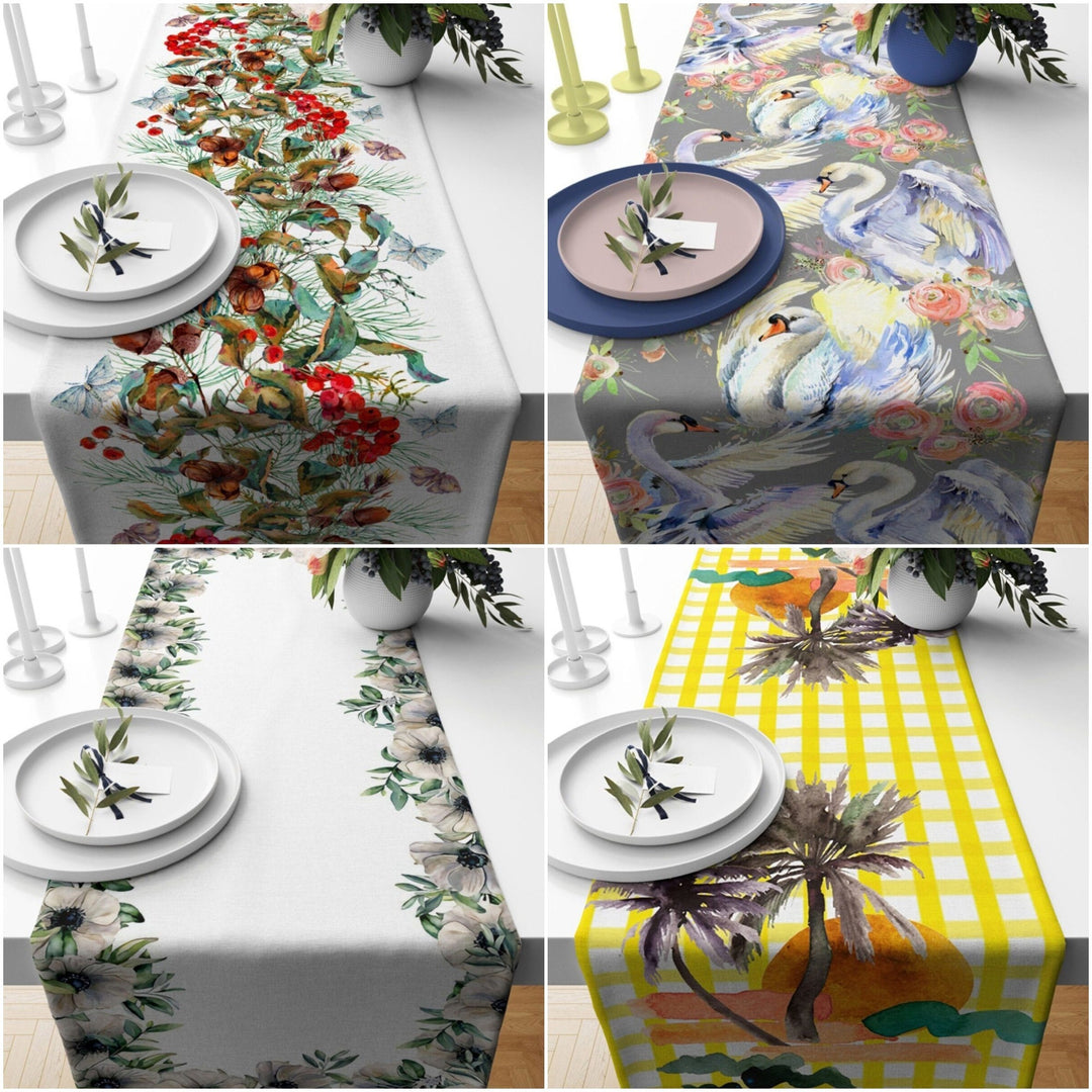 Floral Table Runner|Summer Tablecloth|Floral Table Decor|Housewarming Runner|Farmhouse Colorful Swan Print Tabletop|Palm Tree Tablecloth