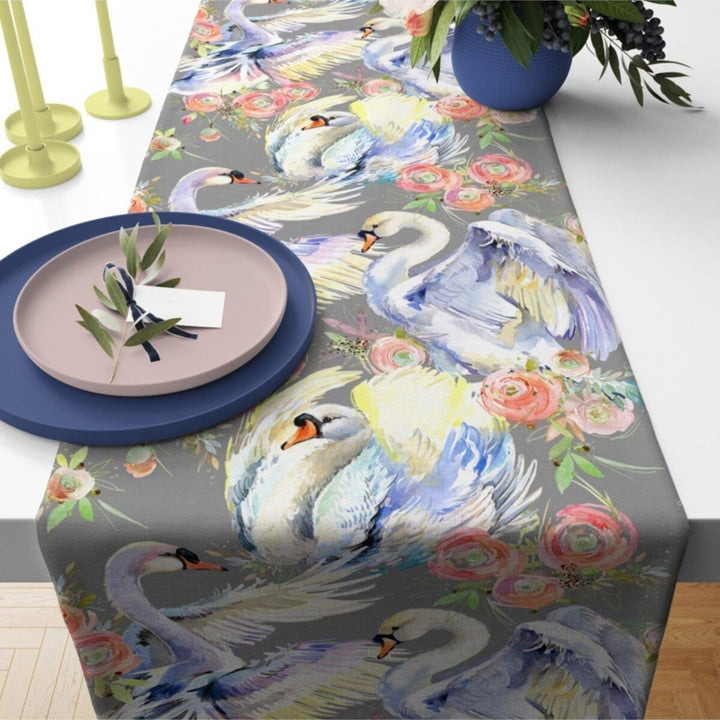 Floral Table Runner|Summer Tablecloth|Floral Table Decor|Housewarming Runner|Farmhouse Colorful Swan Print Tabletop|Palm Tree Tablecloth