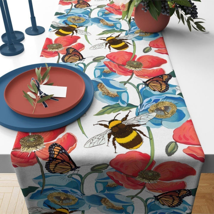 Floral Tablecloth|Butterfly Runner|Farmhouse Style Bee Print Tabletop|Decorative Stylish Tablecloth|Summer Table Runner|Floral Table Decor