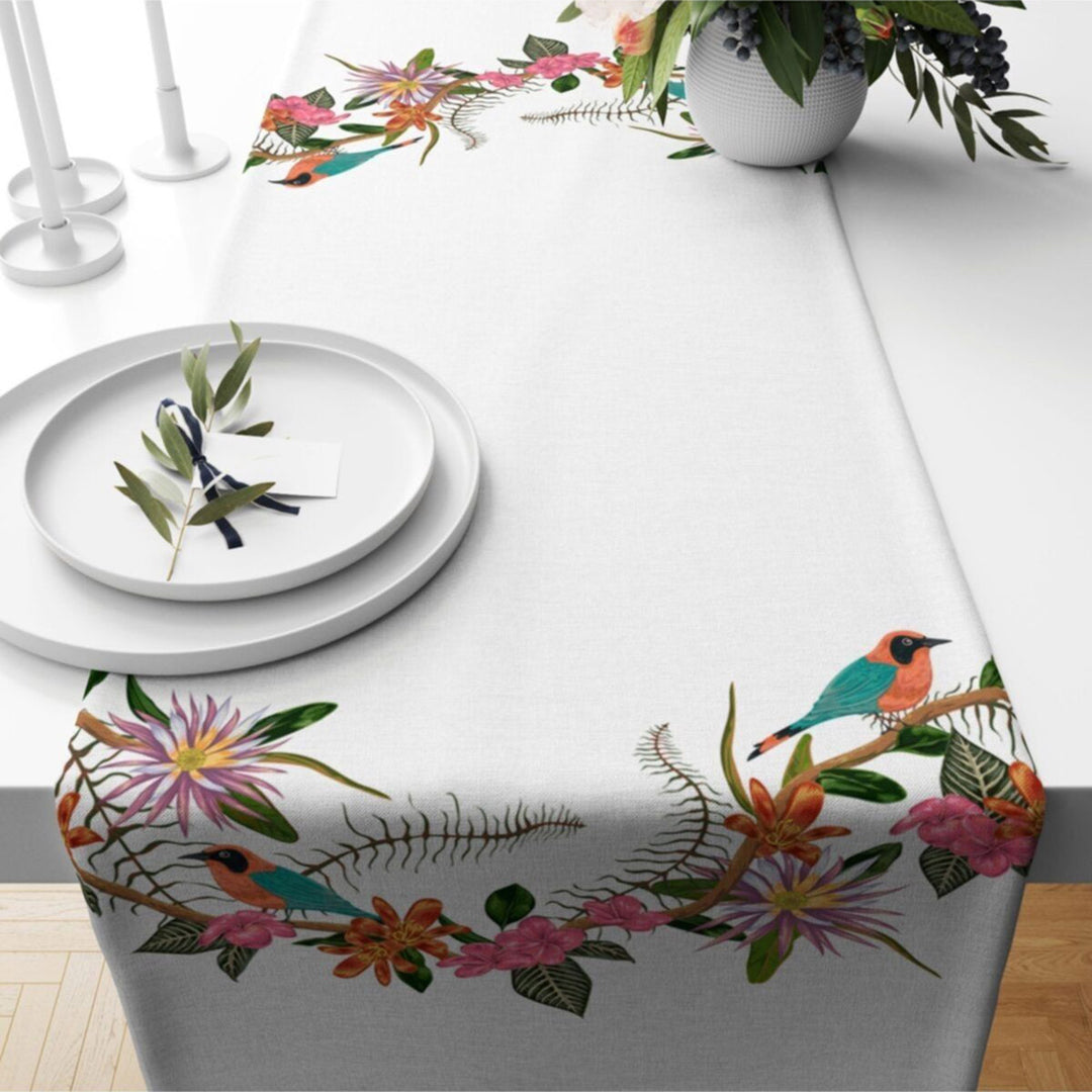 Floral Bird Table Runner|Summer Tablecloth|Floral Table Decor|Housewarming Runner|Farmhouse Bird and Butterfly Tabletop|Stylish Tablecloth