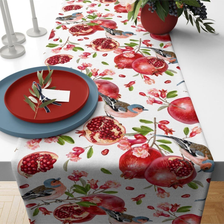 Fruit Table Runner|Grape Tablecloth|Apple Table Decor|Pomegranate Runner|Farmhouse Colorful Floral Bird Print Tabletop|Stylish Tablecloth