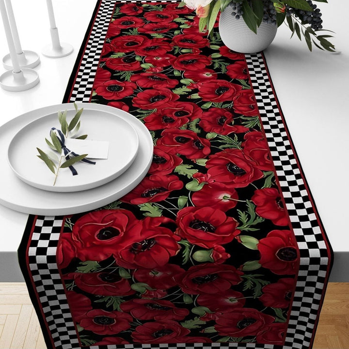 Floral Table Runner|Summer Tablecloth|Floral Table Decor|Checkered Runner|Farmhouse Crowbar Pattern Flower Print Tabletop|Stylish Tablecloth