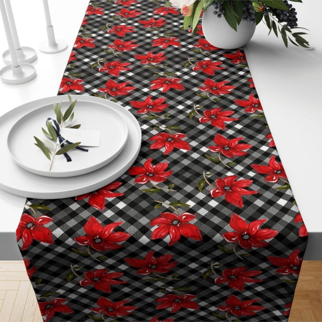 Floral Table Runner|Summer Tablecloth|Floral Table Decor|Checkered Runner|Farmhouse Crowbar Pattern Flower Print Tabletop|Stylish Tablecloth