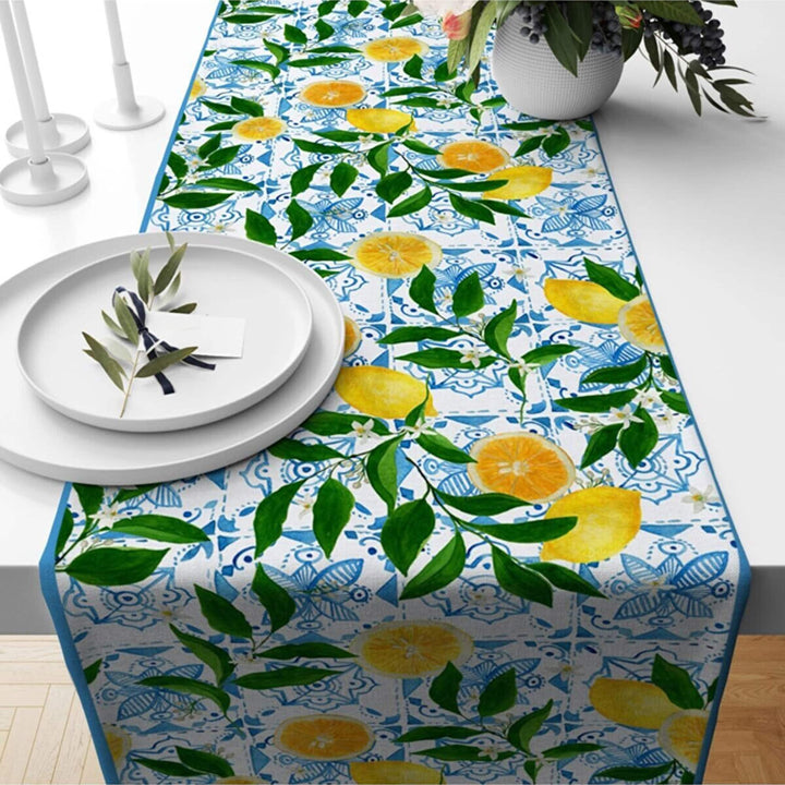 Lemon Table Runner|Farmhouse Tile Pattern Table Top|Summer Tablecloth|Fresh Citrus Decor|Housewarming Floral Runner|Stylish Lemon Tablecloth