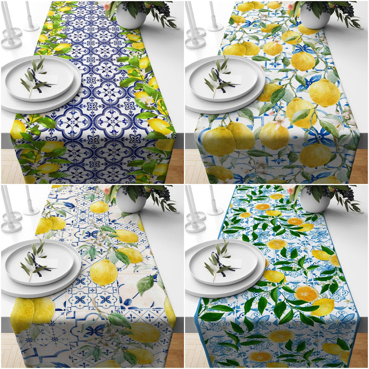 Lemon Table Runner|Farmhouse Tile Pattern Table Top|Summer Tablecloth|Fresh Citrus Decor|Housewarming Floral Runner|Stylish Lemon Tablecloth