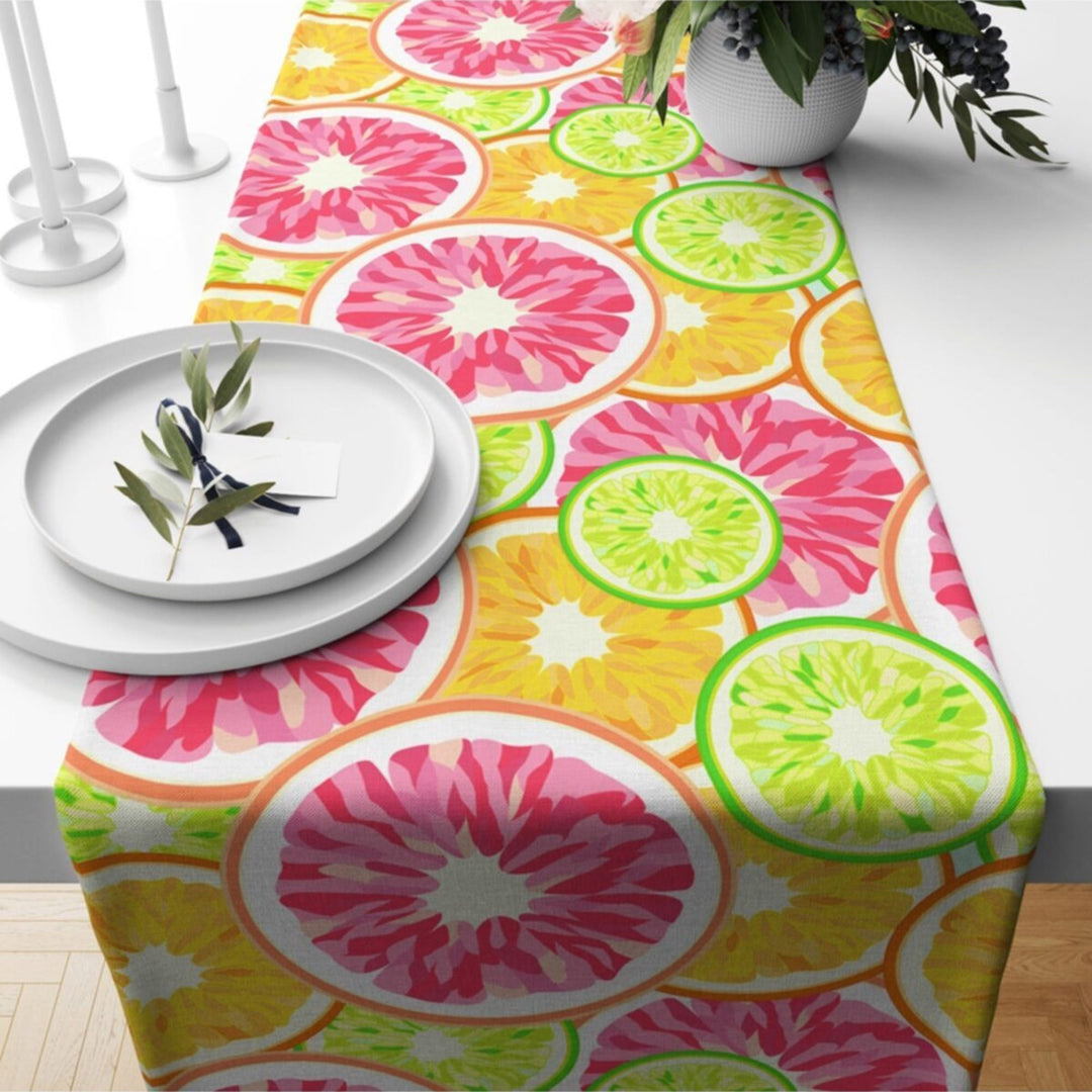 Citrus Table Runner|Summer Tablecloth|Lemon Home Decor|Checkered Floral Runner|Farmhouse Tile Pattern Table Top|Stylish Lemon Tablecloth