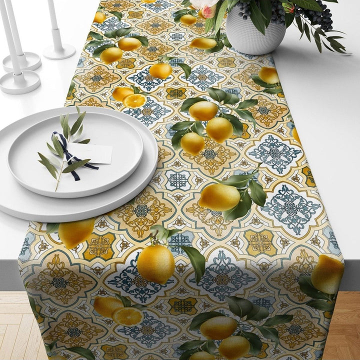 Citrus Table Runner|Summer Tablecloth|Lemon Home Decor|Checkered Floral Runner|Farmhouse Tile Pattern Table Top|Stylish Lemon Tablecloth