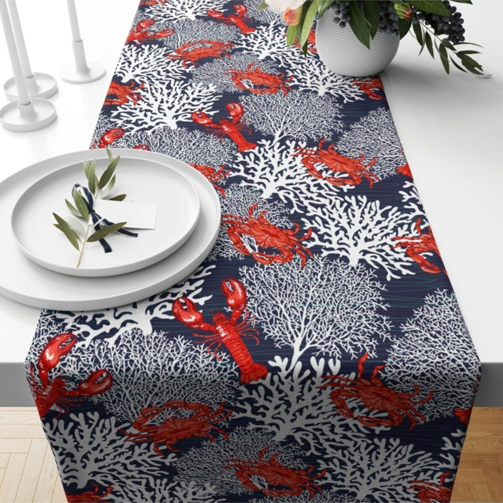 Coastal Table Runner|Beach House Runner|Coral and Lobster Tabletop|Anchor and Fish Print Nautical Tablecloth|Navy Marine Table Centerpiece