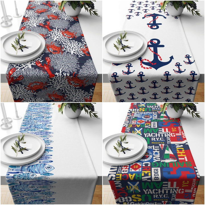 Coastal Table Runner|Beach House Runner|Coral and Lobster Tabletop|Anchor and Fish Print Nautical Tablecloth|Navy Marine Table Centerpiece