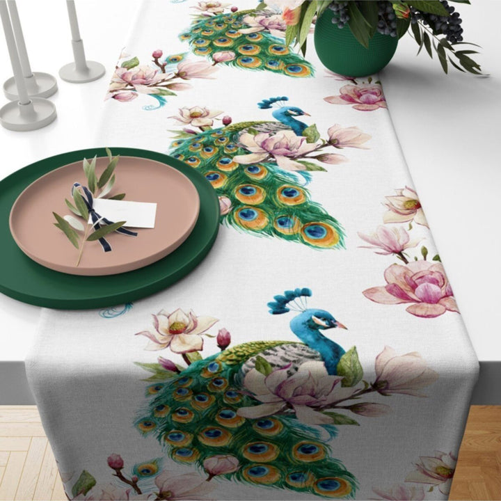 Peacock Table Runner|Ladybug Tablecloth|Animal Home Decor|Peacock Feather Runner|Farmhouse Table Top|Beautiful Tablecloth|Housewarming Decor