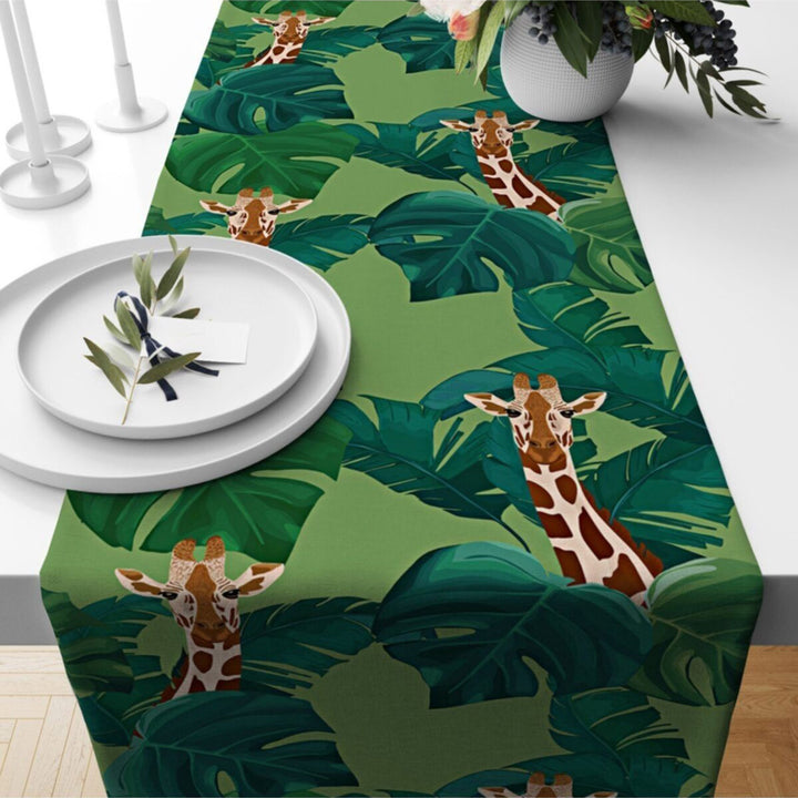 Tropical Tablecloth|Animal Print Tabletop|Green Leaves Decor|Leopard Table Runner|Giraffe Print Runner|Zebra Tabletop|Tropical Kitchen Decor