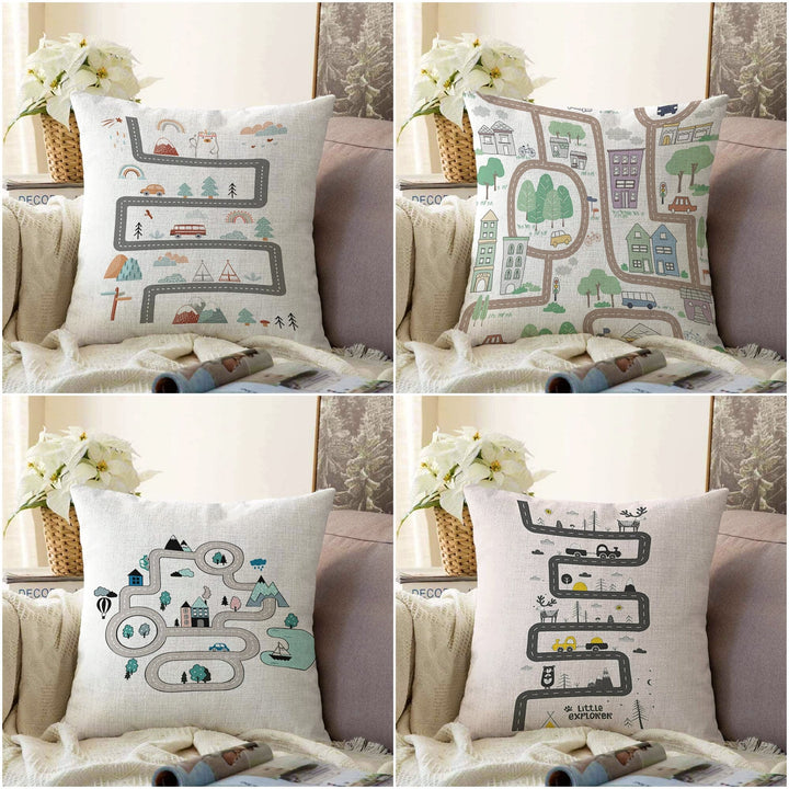 Kids Pillow Cover|Car Print Cushion Case|Little Explorer Traffic Path Kids Room Pillow|Educational Decor|House Pillowtop|Kid Cushion Case