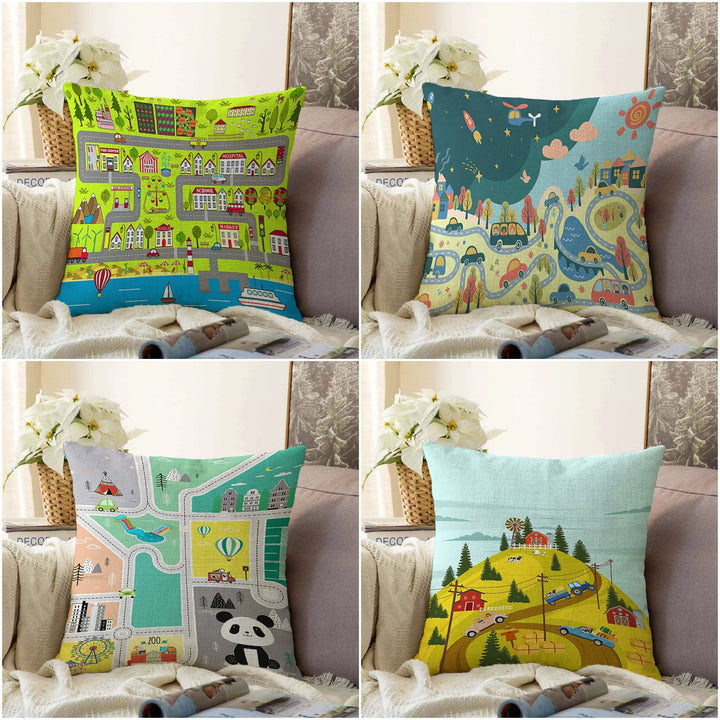 Kids Pillow Cover|Cars and Houses Cushion Case|Ship Print Kids Room Pillow|Colorful Gaming Room Decor|Decorative Pillowtop|Kid Cushion Case