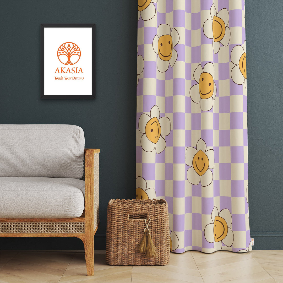 Plaid Daisy Curtain|Daisy Print Curtain|Geometric Curtain|Floral Home Decor|Checkered Living Room Curtain|Thermal Insulated Window Treatment